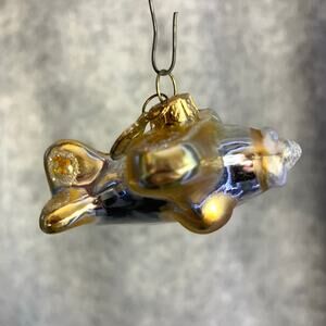 Vintage Dept. 56 Glass Ornament, Tiny Airplane in Gold and Silver, Glitter Shine